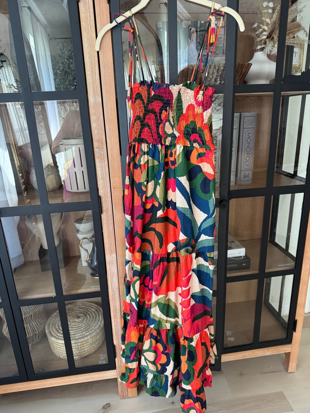 Farm Rio Smocked midi dress adjustable tie straps beaded Print Cover-Up colorful